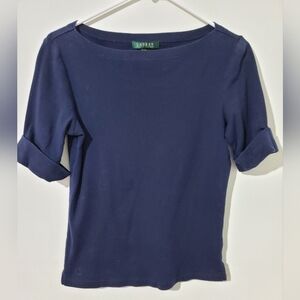 Lauren Ralph Lauren Navy Boat Neck Top Medium Cotton Knit Short Sleeve Classic